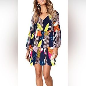 Women Plus Size Fall Printed V Neck Casual Swing Ruffle Flowy Tunic Dress Large